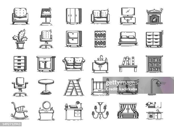 furniture hand drawn vector doodle line icon set - rocking chair stock illustrations
