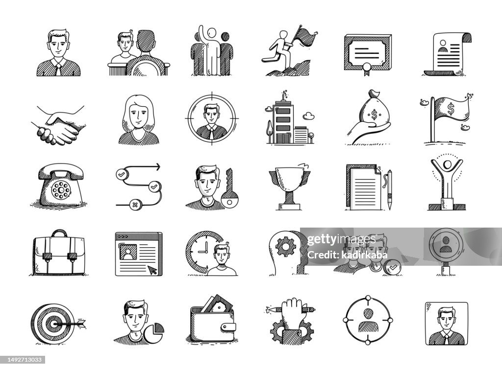 Headhunting Hand Drawn Vector Doodle Line Icon Set