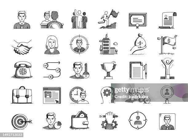 headhunting hand drawn vector doodle line icon set - candidate profile stock illustrations