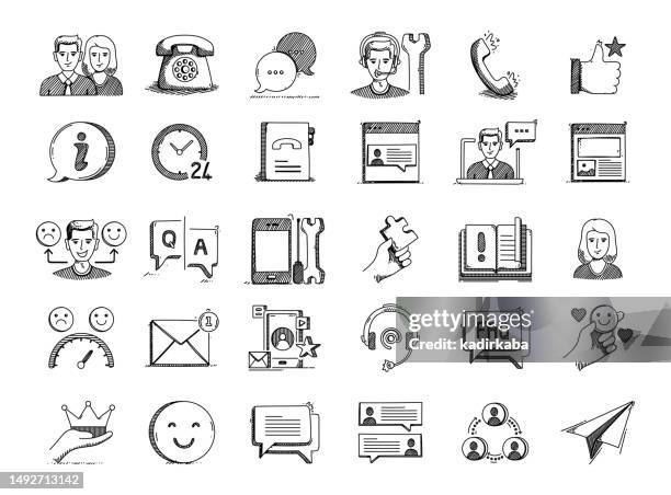 help and support hand drawn vector doodle line icon set - handbook stock illustrations