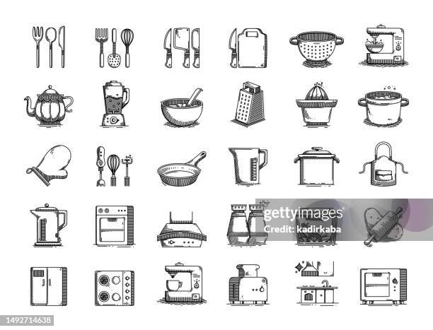 kitchen tools hand drawn vector doodle line icon set - weight scale stock illustrations stock illustrations