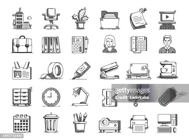 stockillustraties, clipart, cartoons en iconen met office and workspace hand drawn vector doodle line icon set - scherp