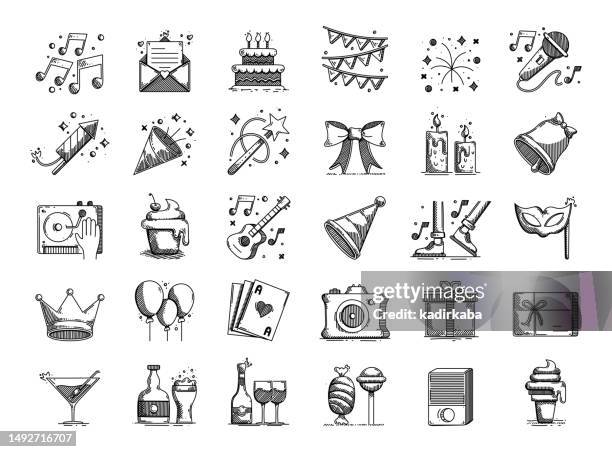 party hand drawn vector doodle line icon set - nightlife stock illustrations