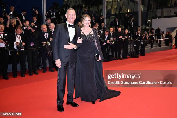 Tom Hanks and Rita Wilson attend the "Asteroid City" red carpet during the 76th annual Cannes film festival at Palais des Festivals on May 23, 2023...