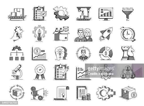 produktmanagement handgezeichnete vektor-gekritzel-linien-icon-set - employer branding stock-grafiken, -clipart, -cartoons und -symbole