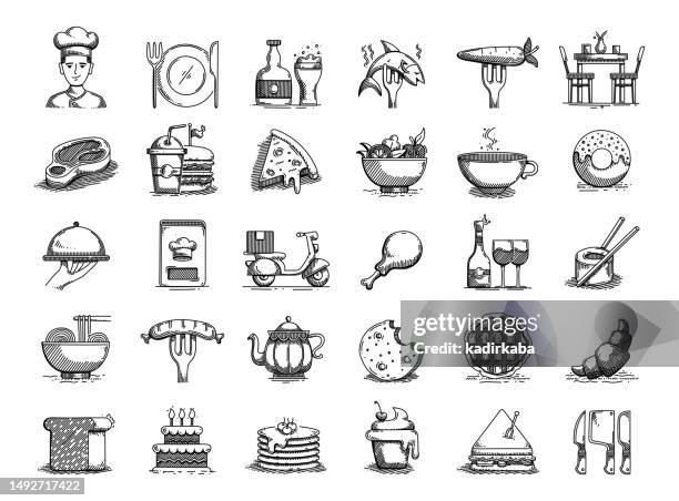 ilustraciones, imágenes clip art, dibujos animados e iconos de stock de restaurante y comida conjunto de iconos de línea de garabatos vectoriales dibujados a mano - galleta dulces