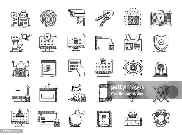 ilustraciones, imágenes clip art, dibujos animados e iconos de stock de conjunto de iconos de línea de garabatos vectoriales dibujados a mano de seguridad - caja fuerte objeto de seguridad