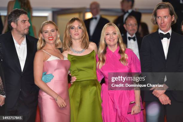 Damien Bonnard, Scarlett Johansson, Maya Hawke, Hope Davis attend the "Asteroid City" red carpet during the 76th annual Cannes film festival at...
