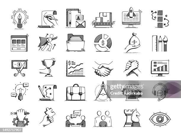 start up and development hand drawn vector doodle line icon set - private equity icon stock illustrations
