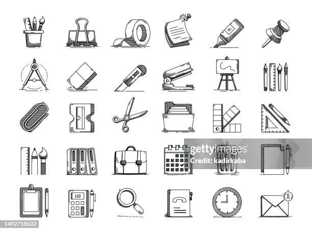 stationery hand drawn vector doodle line icon set - binder clip vector stock illustrations