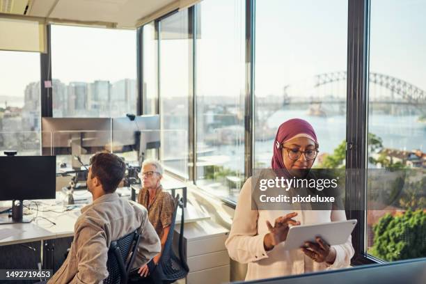 indonesian-australian woman working in an office with views of sydney harbour and the city. - indonesian ethnicity stock pictures, royalty-free photos & images