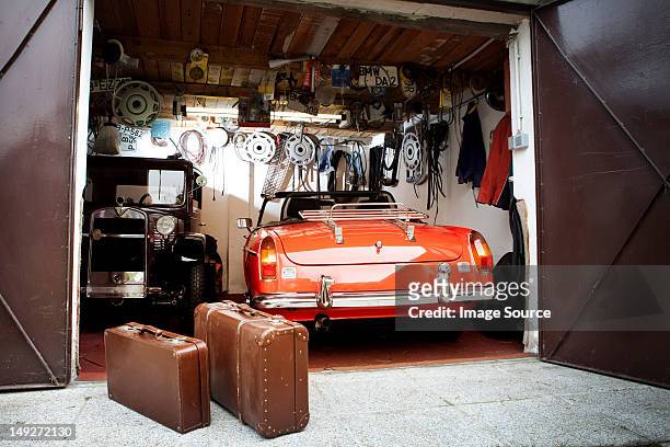 vintage car and trunk suitcases in garage - old car garage stock pictures, royalty-free photos & images