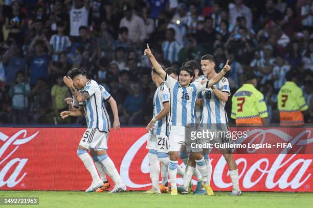 Luka Romero of Argentina celebrates after scoring the team's second goal during the FIFA U-20 World Cup Argentina 2023 Group A match between...