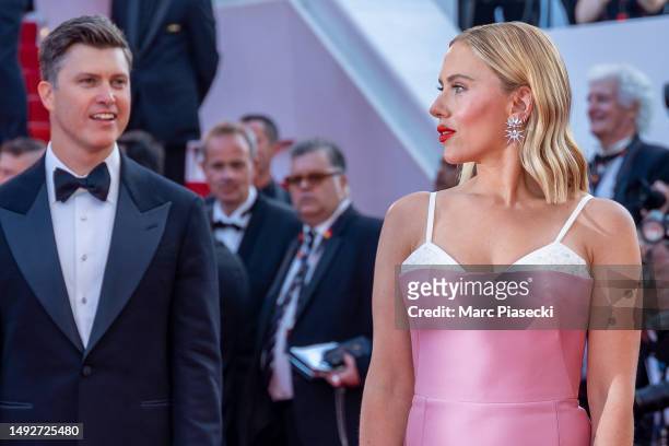 Scarlett Johansson and Colin Jost attend the "Asteroid City" red carpet during the 76th annual Cannes film festival at Palais des Festivals on May...