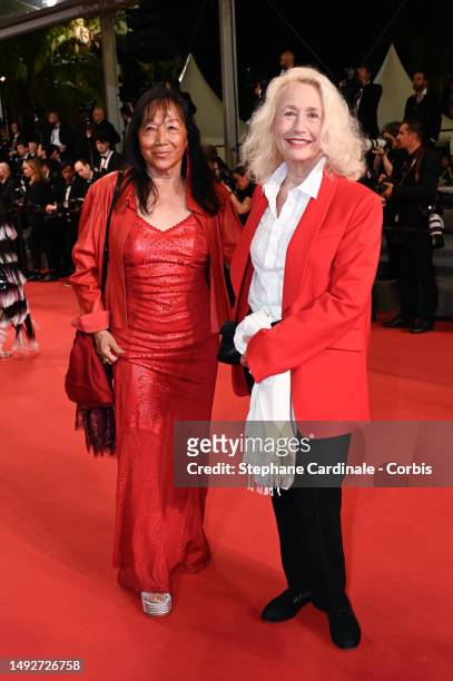 Mei-Chen Chalais and Brigitte Fossey attend the "Rapito " red carpet during the 76th annual Cannes film festival at Palais des Festivals on May 23,...