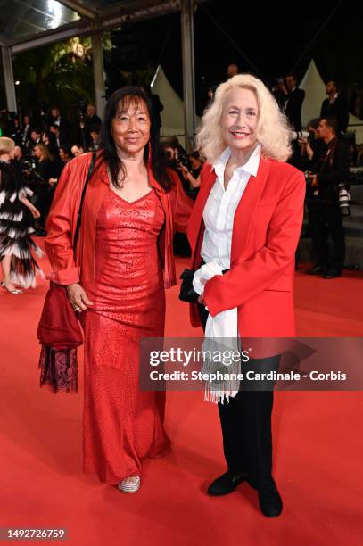 Mei-Chen Chalais and Brigitte Fossey attend the "Rapito " red carpet during the 76th annual Cannes film festival at Palais des Festivals on May 23,...