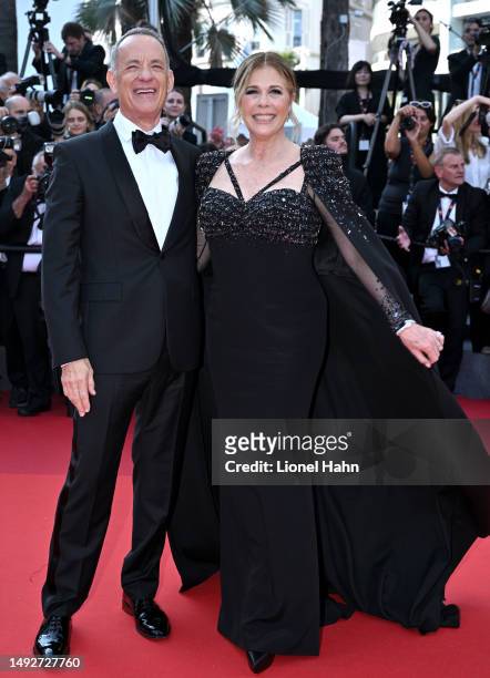 Tom Hanks and Rita Wilson attend the "Asteroid City" red carpet during the 76th annual Cannes film festival at Palais des Festivals on May 23, 2023...