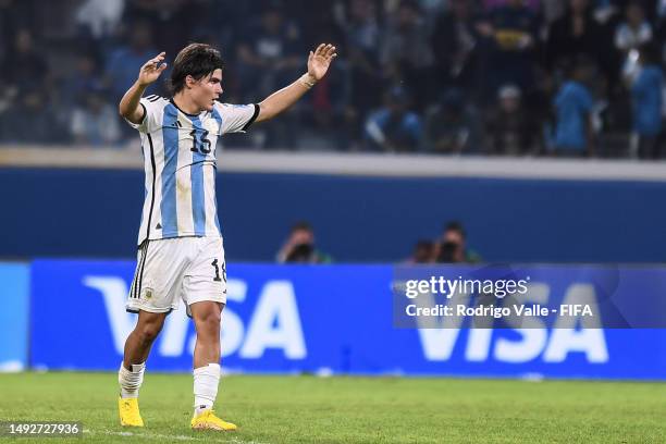 Luka Romero of Argentina celebrates the team's third goal of Argentina scored by Maximo Perrone of Argentina during the FIFA U-20 World Cup Argentina...