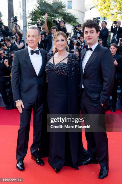 Tom Hanks, Rita Wilson and Truman Hanks attend the "Asteroid City" red carpet during the 76th annual Cannes film festival at Palais des Festivals on...