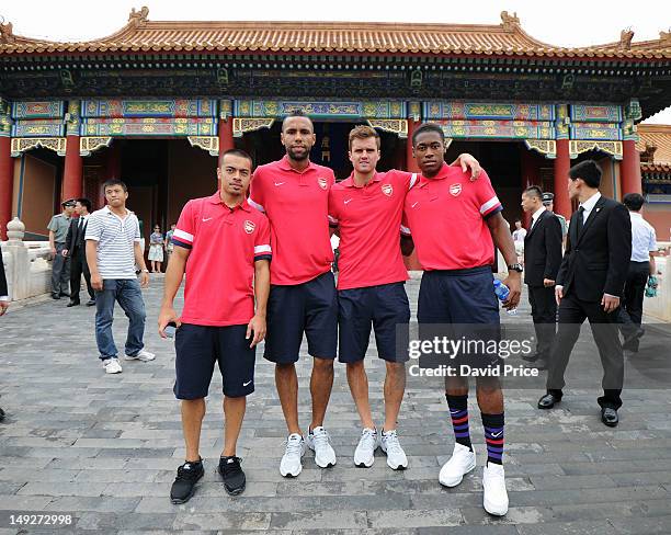 Nico Yennaris, Kyle Bartley Carle Jenkinson and Chuks Aneke of Arsenal FC visit the Forbidden City in Beijing during their pre-season Asian Tour in...