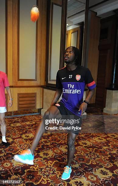 Gervinho of Arsenal FC have a demonstration of Jianzi in the St. Regis Hotel in Beijing during their pre-season Asian Tour in China on July 26 2012...