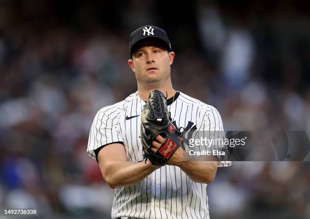 Gerrit Cole of the New York Yankees reacts after the second inning against the Baltimore Orioles at Yankee Stadium on May 23, 2023 in Bronx borough...