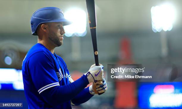 George Springer of the Toronto Blue Jays looks on during a game against the Tampa Bay Rays at Tropicana Field on May 23, 2023 in St Petersburg,...