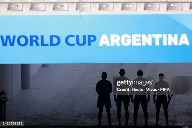 Referees stand up inside the tunnel prior the FIFA U-20 World Cup Argentina 2023 Group E match between England and Tunisia at Estadio La Plata on May...