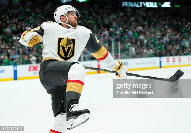 Ivan Barbashev of the Vegas Golden Knights celebrates after scoring a goal during the first period against the Dallas Stars in Game Three of the...