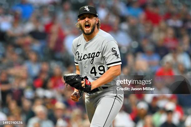 Closing pitcher Kendall Graveman of the Chicago White Sox celebrates after the last strike to defeat the Cleveland Guardians at Progressive Field on...