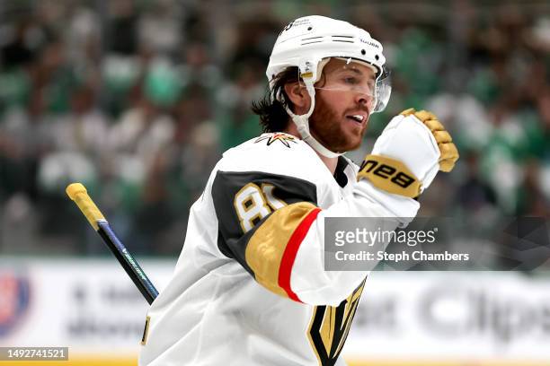 Jonathan Marchessault of the Vegas Golden Knights celebrates after scoring a goal against the Dallas Stars during the first period in Game Three of...