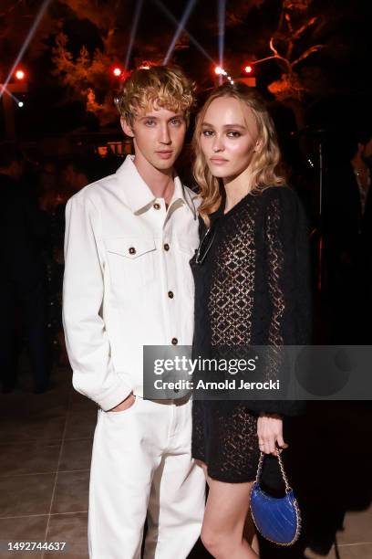 Lily-Rose Depp and Troye Sivan attends the Cannes Film Festival Air Mail /Warner Brothers Discovery Party at Hotel du Cap-Eden-Roc on May 23, 2023 in...