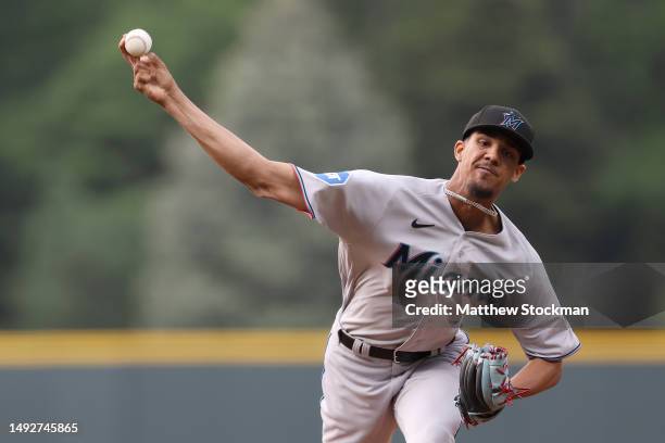 Starting pitcher Eury Perez of the Miami Marlins throws against the Colorado Rockies in the first inning at Coors Field on May 23, 2023 in Denver,...