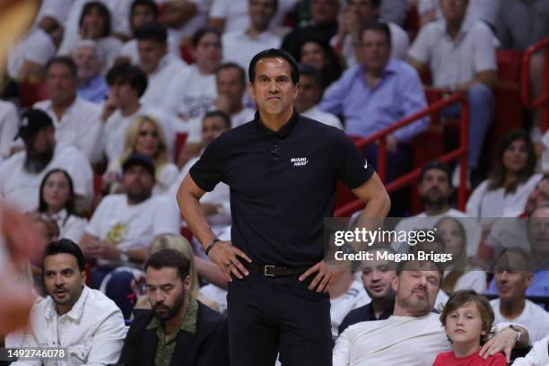 Miami Heat head coach Erik Spoelstra looks on against the Boston Celtics during the first quarter in game four of the Eastern Conference Finals at...