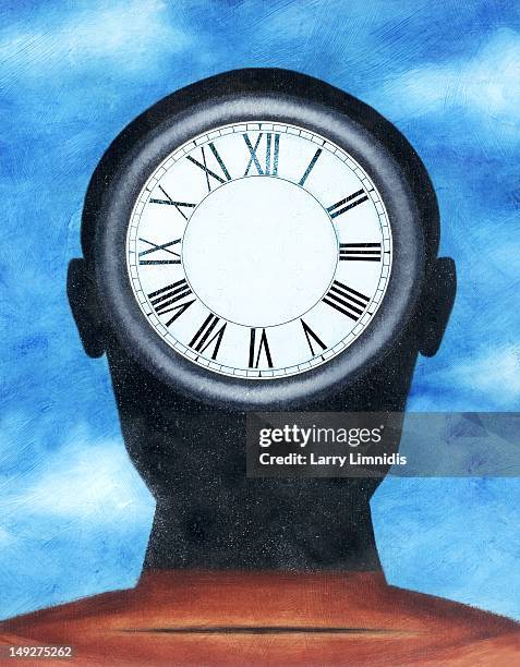 a man with a clock in his head - ominous clock stock illustrations