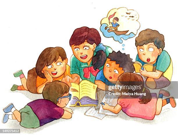 a group of children gathering around reading stories - preschool teacher reading stock illustrations
