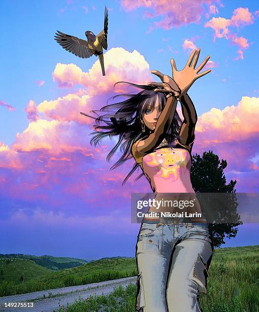 a woman who has just released a bird - mädels abend stock-grafiken, -clipart, -cartoons und -symbole