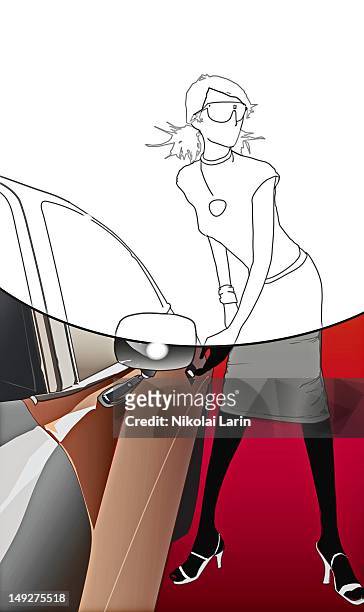 a woman about to open her vehicle door - car door open stock-grafiken, -clipart, -cartoons und -symbole