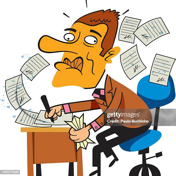 a man frantically signing papers - fear of writing stock illustrations