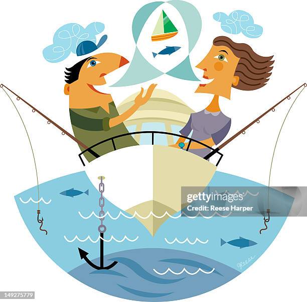 a man and a woman fishing in a boat - reise stock illustrations