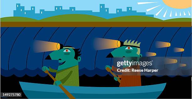 two men going through a dark tunnel in the water - reise stock illustrations