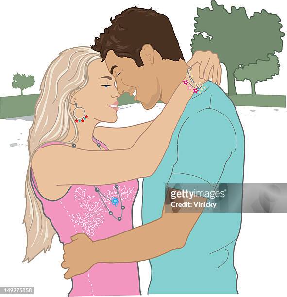 ilustraciones, imágenes clip art, dibujos animados e iconos de stock de a couple in an embrace - happy smiling young woman side view