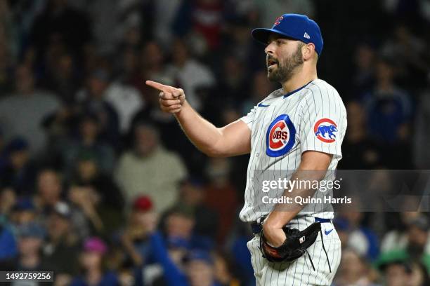 Michael Fulmer of the Chicago Cubs reacts after the team win of 7-2 against the New York Mets at Wrigley Field on May 23, 2023 in Chicago, Illinois.