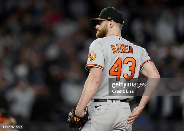 Bryan Baker of the Baltimore Orioles reacts in the 10th inning against the New York Yankees at Yankee Stadium on May 23, 2023 in Bronx borough of New...