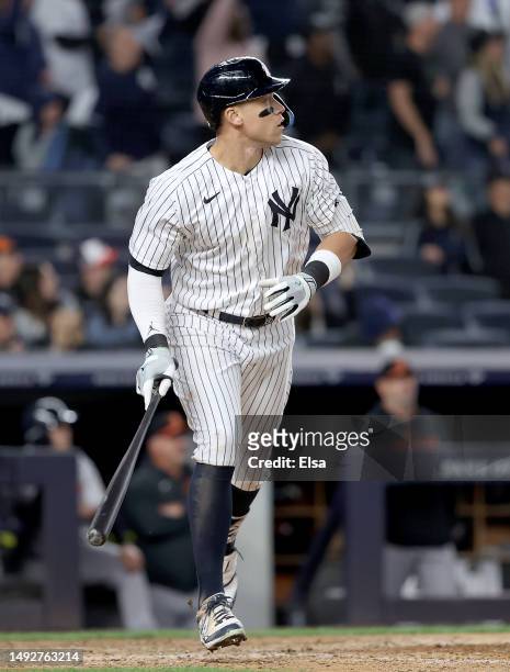 Aaron Judge of the New York Yankees hits a solo home run in the ninth inning to tie the game against the Baltimore Orioles at Yankee Stadium on May...