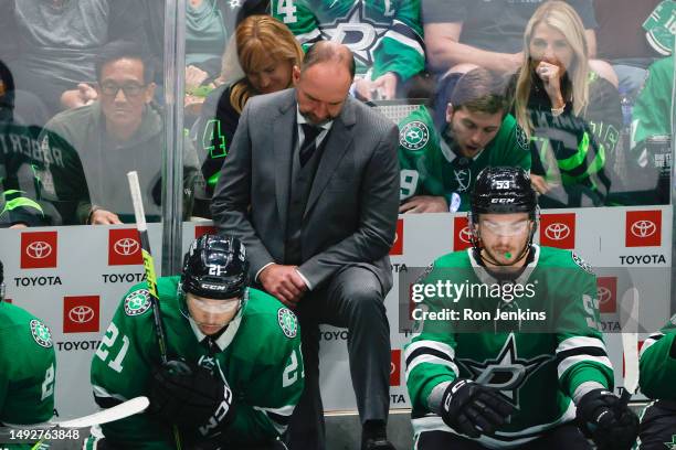 Head coach Peter DeBoer of the Dallas Stars reacts during the third period in Game Three of the Western Conference Final of the 2023 Stanley Cup...