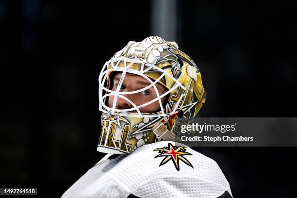 Adin Hill of the Vegas Golden Knights looks on against the Dallas Stars during the third period in Game Three of the Western Conference Final of the...