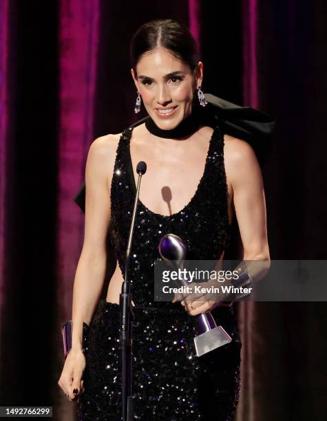 Sandra Echeverría accepts the Non‐English Individual Achievement Award for "María Félix: La Doña" onstage during the Alliance for Women in Media...