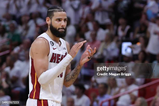 Caleb Martin of the Miami Heat reacts against the Boston Celtics during the fourth quarter in game four of the Eastern Conference Finals at Kaseya...