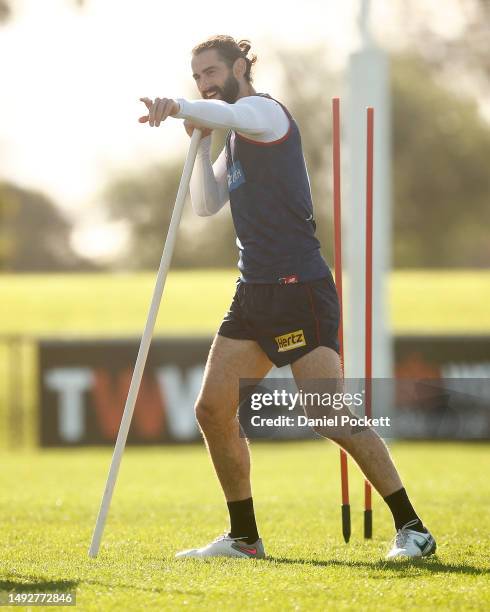 Brodie Grundy of the Demons mimes a song during a Narrm Football Club / Melbourne Demons AFL training session at Casey Fields on May 24, 2023 in...